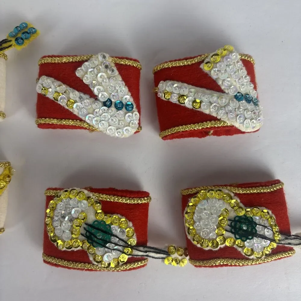 Vintage Homemade Christmas Napkin Rings Set of 8 Musical Instruments Sequins